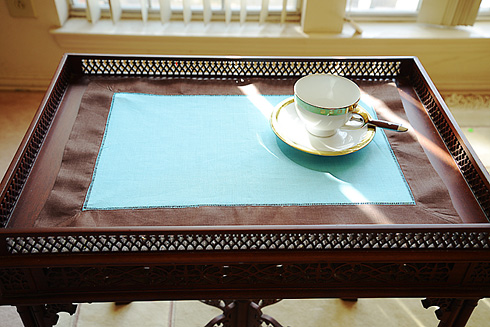 Multicolor Hemstitch Placemat 14"x20". Aqua Marine & Brown color - Click Image to Close